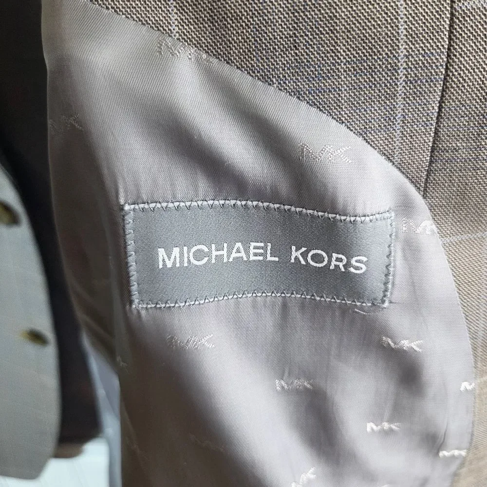 Men's Michael Kors Taupe Two Button Checkered Work Career Blazer Jacket Size 50R